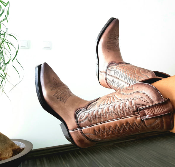 Women's and men's Cowboy boots in Aged Brown modern and trendy
