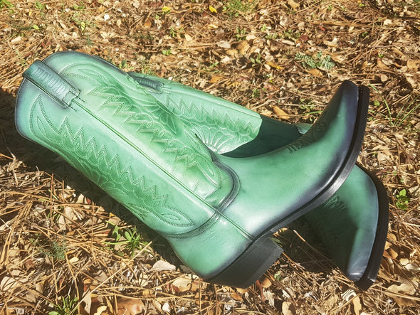 Women's and men's boots Cowboy made of eco-friendly, handcrafted green leather