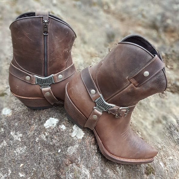 Grey and brown men's ankle boots with buckle and harness, zipper down the middle, short shaft to wear