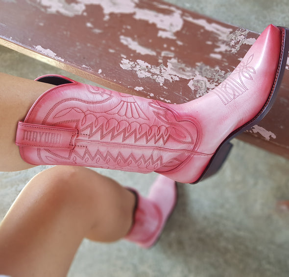 Women's boots Cowboy pink with a very feminine barbie in leather